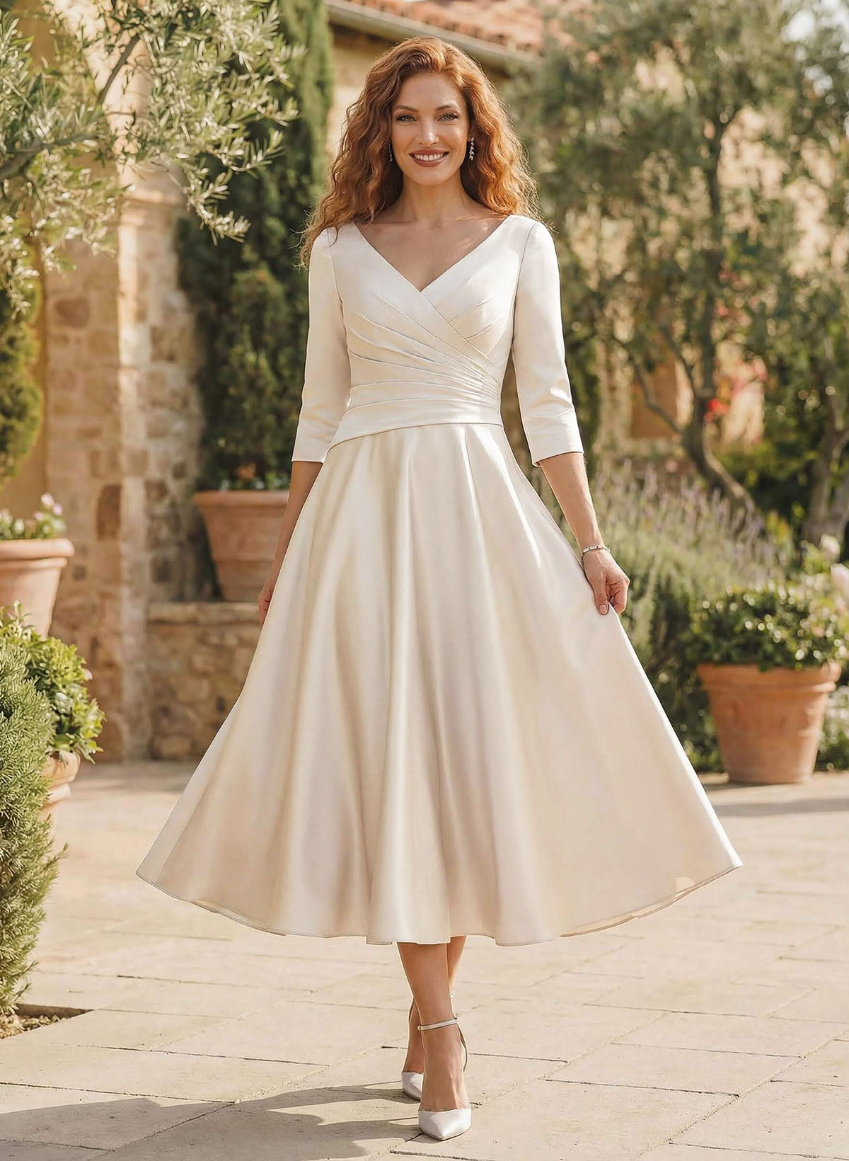 A-Line V-Neck 3/4 Sleeves Tea-Length Matte Satin(Non-Stretch) Cocktail Dresses