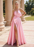 Elegant A-Line Strapless Floor-Length Satin Prom Dresses With Bow(s)/High Split