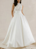Ball-Gown High Neck Sleeveless Chapel Train Lace With Bow /Pockets Wedding Dress