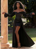 A-Line Off-The-Shoulder Long Sleeves Sweep Train Satin Prom Dresses