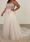 A-Line Square Neckline Sleeveless Sweep Train Lace/Satin Wedding Dresses With Flower(s)