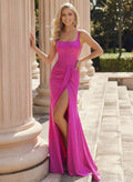 Flattering Square Neckline High Split Floor-Length Stretch Satin Knit Prom Dresses