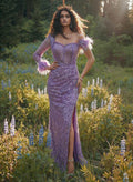 Feather Sheath/Column Sequined One Shoulder Long Sleeves Prom Dress