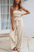 Off Shoulder Bow Tie Waist Wide Leg Jumpsuit