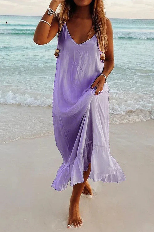 V Neck Ruffle Solid Cami Beach Dress