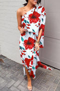 One Shoulder Waisted Side Split Printed Dress