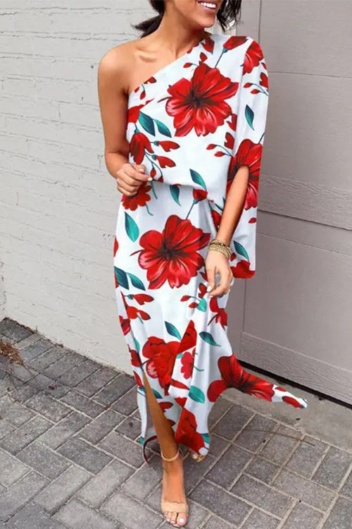 One Shoulder Waisted Side Split Printed Dress