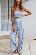 Solid Off Shoulder Sleeveless Tie Waist Jumpsuit