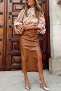 Casual Ruched Side Split Leather Skirt