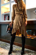 Wrap V Neck Long Sleeve Tie Waist Ruffle Dress