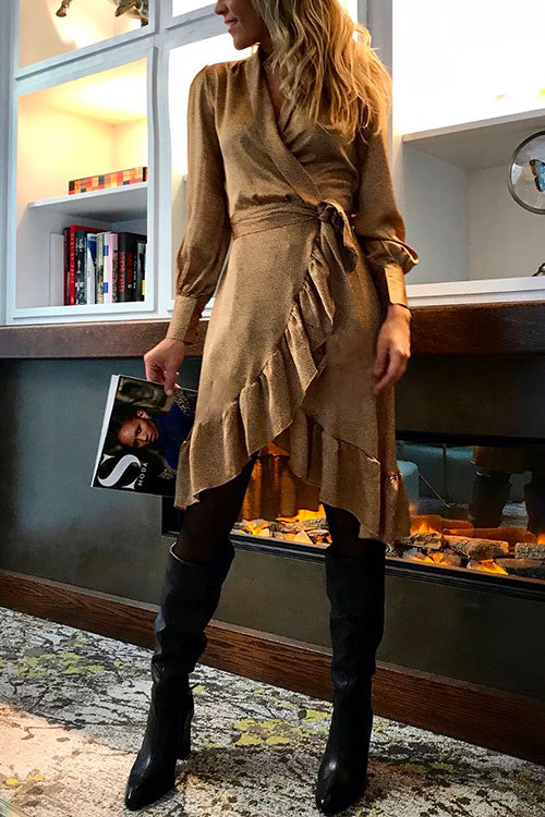 Wrap V Neck Long Sleeve Tie Waist Ruffle Dress