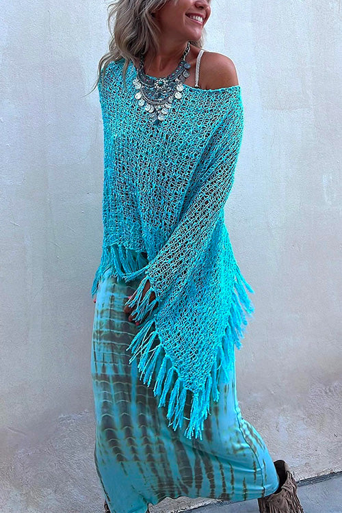 Stylish Hollow Out Tassel Poncho Sweater