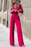 Wrap V Neck Long Sleeve Tie Waist Jumpsuits(3 Colors Available)