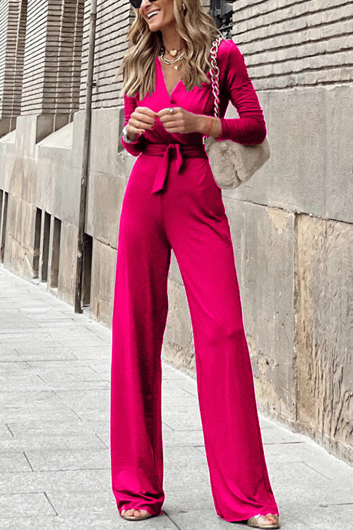 Wrap V Neck Long Sleeve Tie Waist Jumpsuits(3 Colors Available)