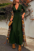 Wrap V Neck Long Sleeve Waisted Swing Dress