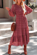 Long Sleeve Waisted Printed Swing Dress