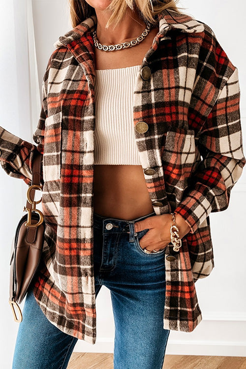 Stylish Lapel Button Down Plaid Shacket