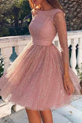 Stylish Crewneck Long Sleeve Mesh Splice Swing Dress