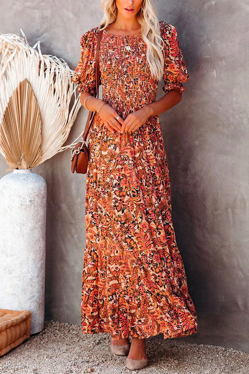 Half Sleeve Elastic Frilled Waist Swing Printed Dress