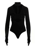 Ambush Heart-Cutout with Glove Sleeves Bodysuit — Black