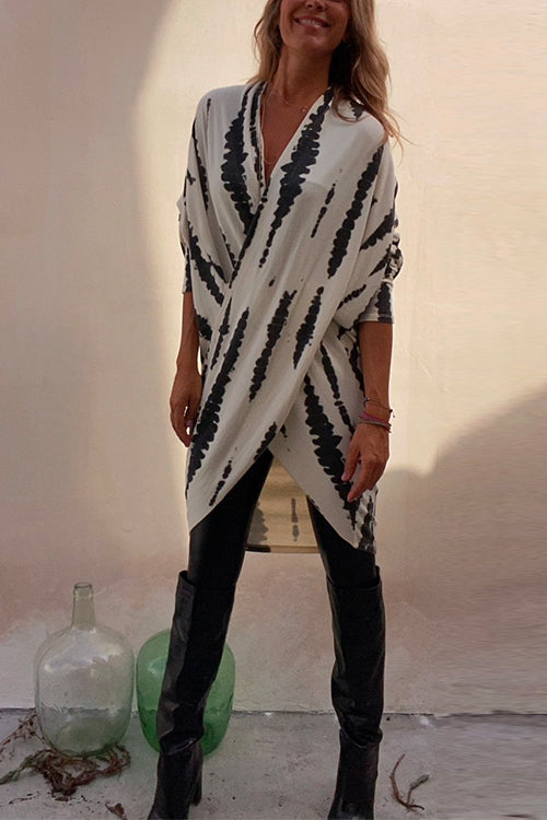 Irregular Front Cross Long Sleeve Tie Dye Top