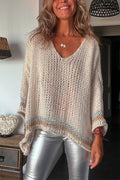 V Neck Long Sleeve Hollow Out Cozy Sweater