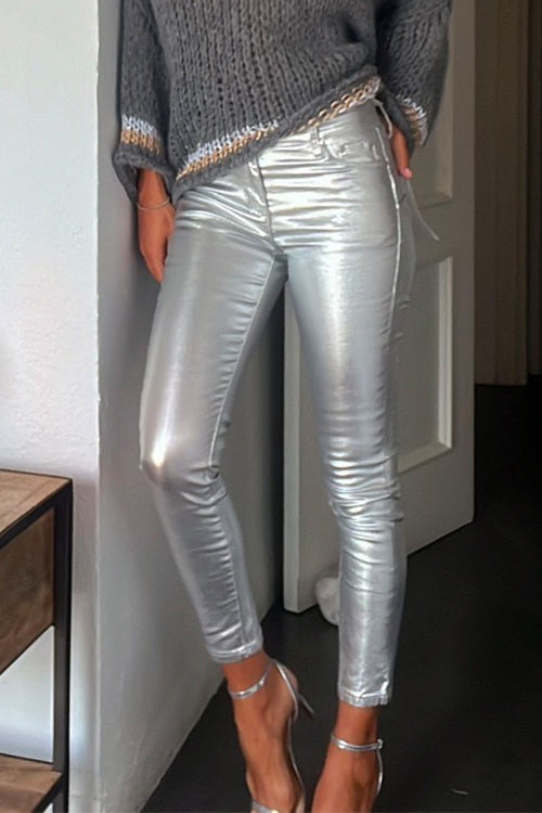 Slim Fit Faux Leather Leggings Pants with Pockets