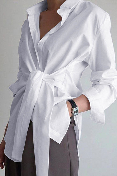 Lapel Long Sleeve Button Down Knot Front Shirt