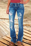 Button Down Distressed Ripped Jeans with Pockets