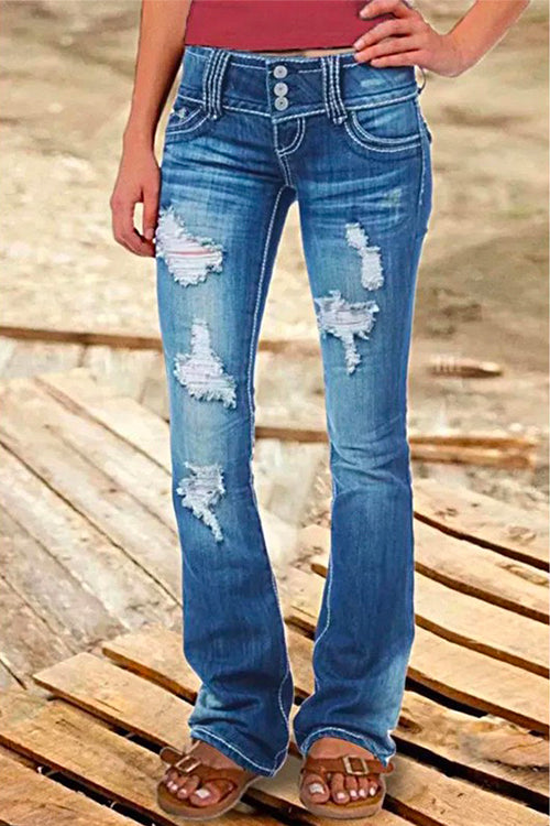 Button Down Distressed Ripped Jeans with Pockets