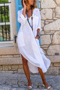 Buttons Side Split Cotton Linen Shirt Dress with Pockets
