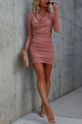 Rosiedress Heap Collar Long Sleeve Glitter Ruched Dress