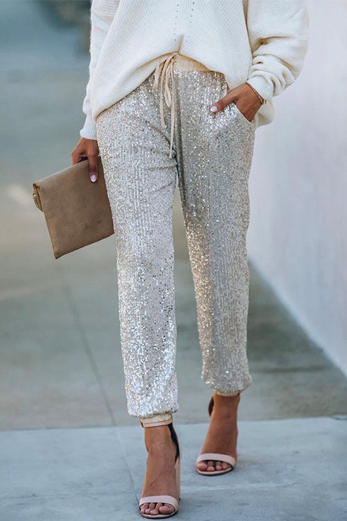 Tie Waist Sequin Joggers Pants with Pockets