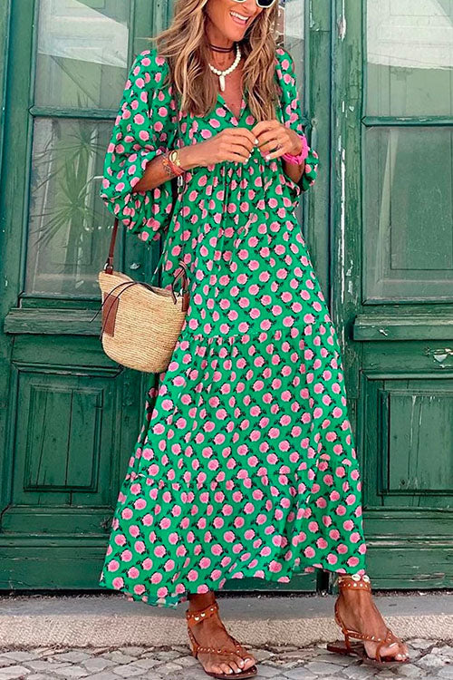 Puff Sleeve Geometry Printed Swing Dress