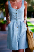 Buttons U Neck Sleeveless Striped Dress with Pockets
