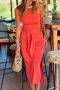 Halter Sleeveless Tie Waist Side Split Dress