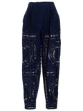 Alberta Ferretti Eyelet-Embroidered Cotton Trousers — Navy