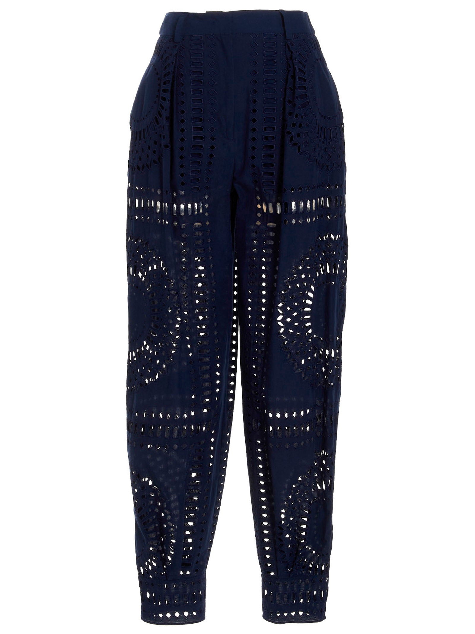 Alberta Ferretti Eyelet-Embroidered Cotton Trousers — Navy