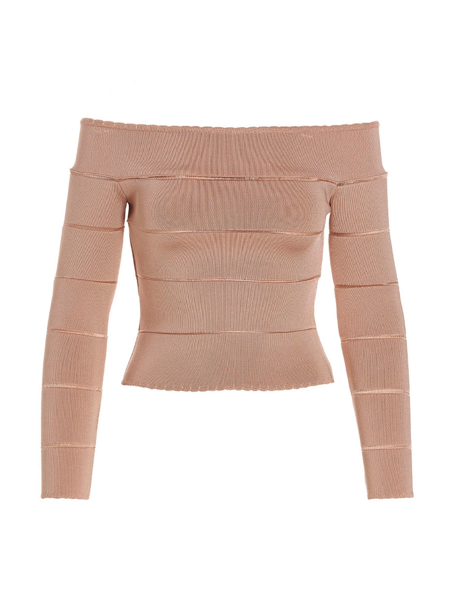 Alexandre Vauthier Off-Shoulder Ribbed Viscose Blouse — Beige