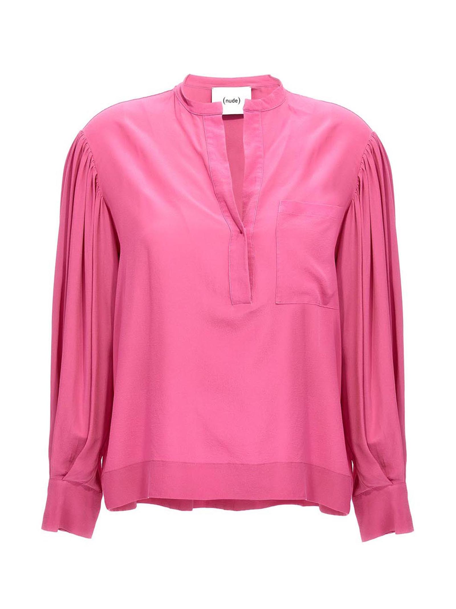 Nude Silk V-Neck Blouse — Pink