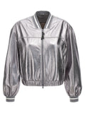 Brunello Cucinelli Laminated Leather Bomber Jacket — Silver