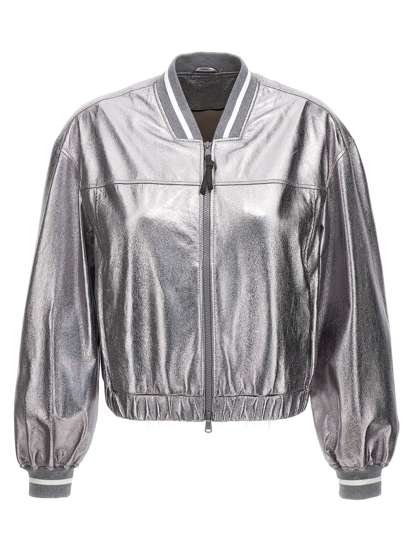 Brunello Cucinelli Laminated Leather Bomber Jacket — Silver