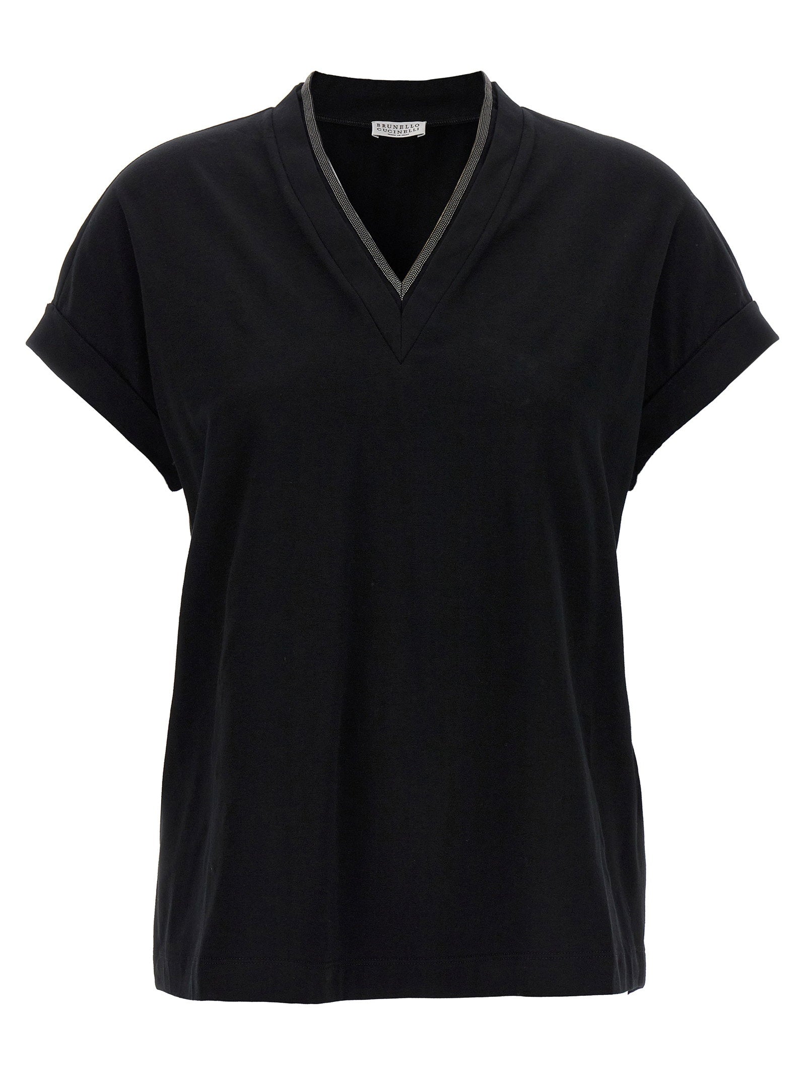 Brunello Cucinelli Monile-Trimmed V-Neck T-shirt — Black