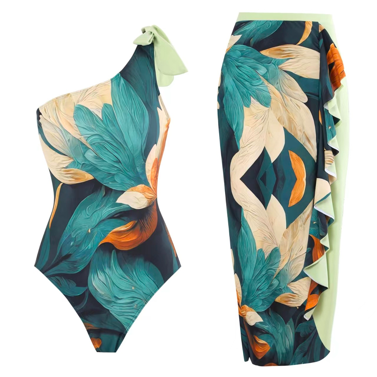 Bow One Shoulder One-piece Swimsuit Ruffle Cover Up Skirt Printed Set