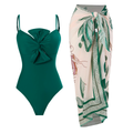 Bow Front One-piece Swimsuit and Printed Wrap Cover Up Skirt Set