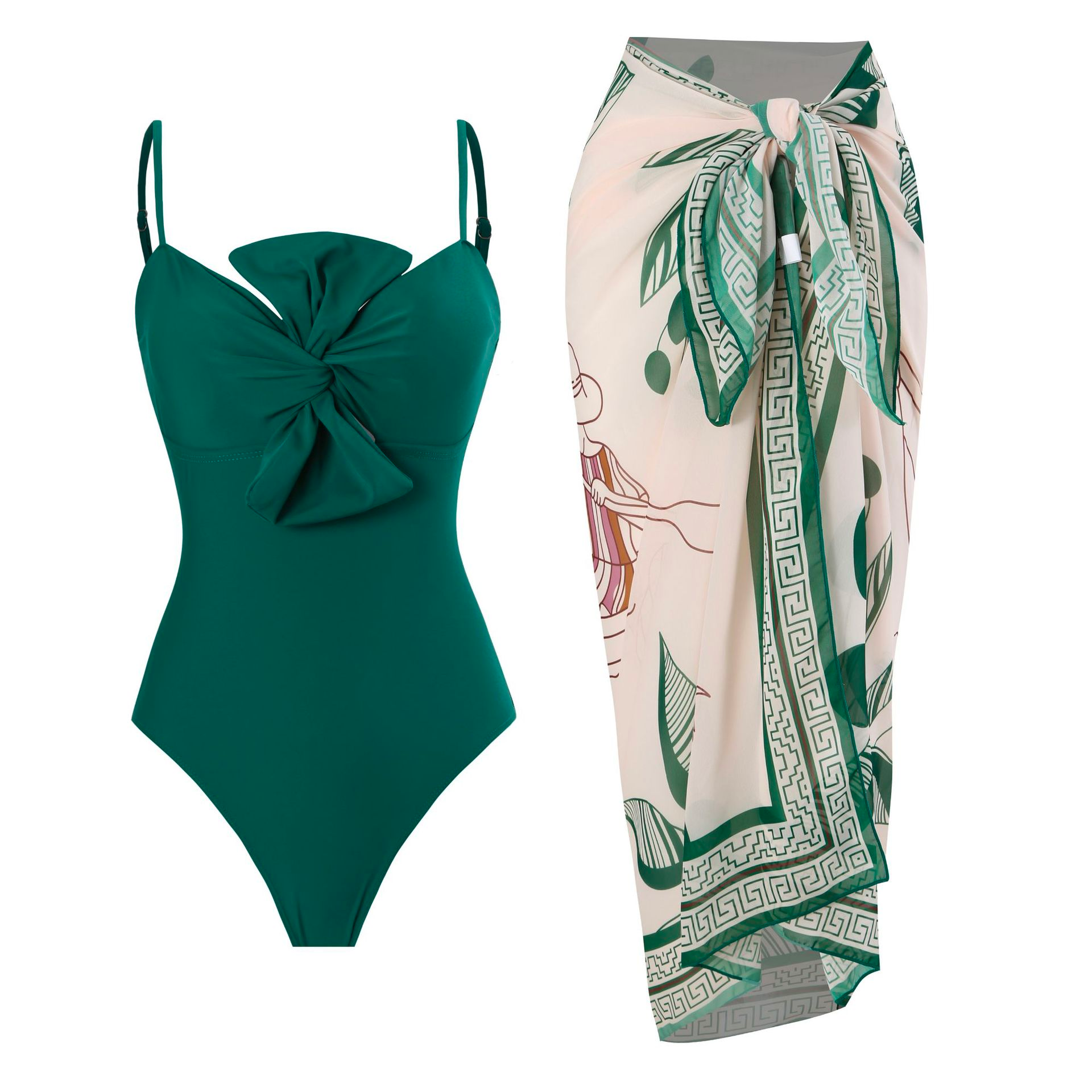 Bow Front One-piece Swimsuit and Printed Wrap Cover Up Skirt Set