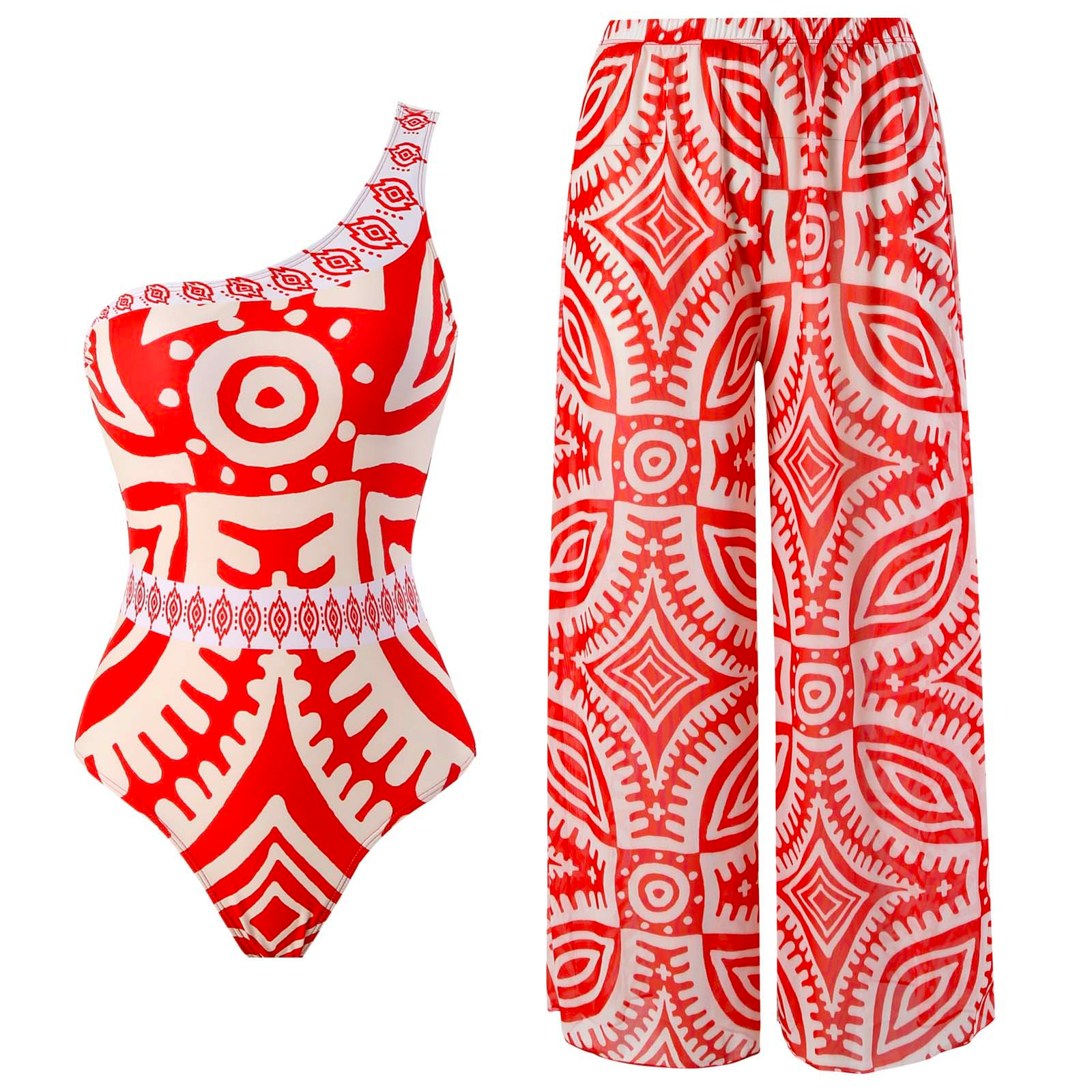 Printed One Shoulder Tummy Control Swimsuit and Wide Leg Cover Up Pants Set