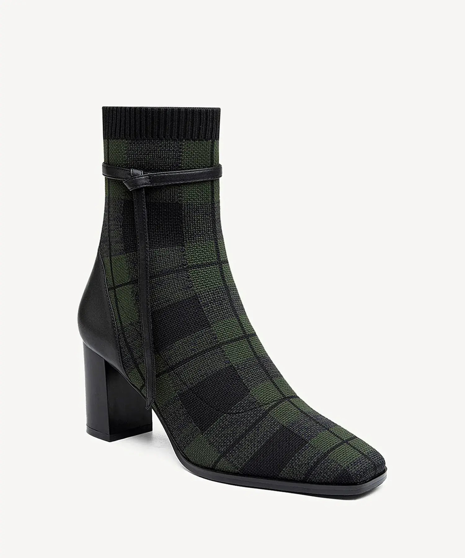 AmberGlow Square Toe Heeled Ankle Boot - Green Plaid / US 7 | EU 37.5 | UK 5