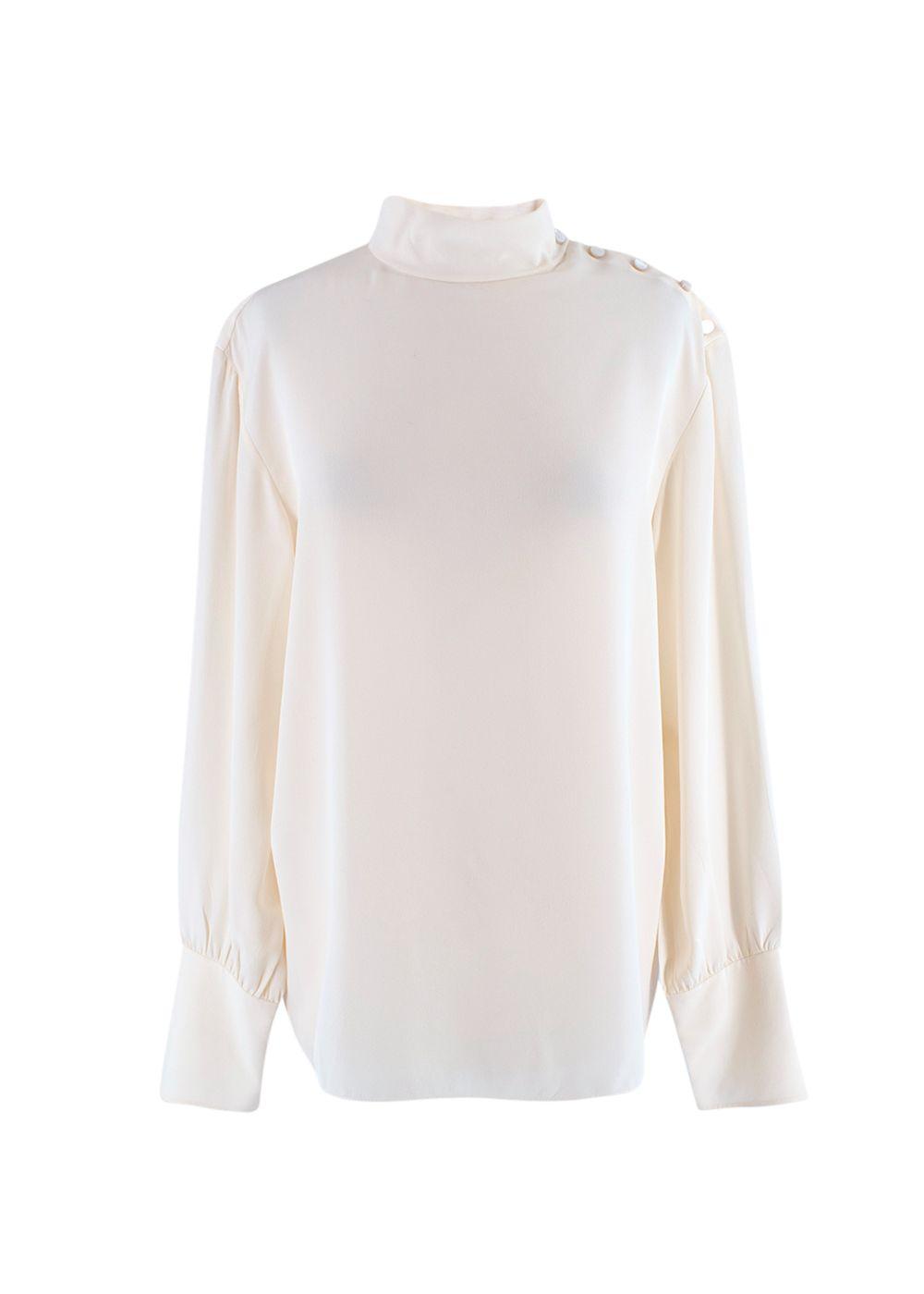 High Neck Shoulder Button Cream Silk Blouse