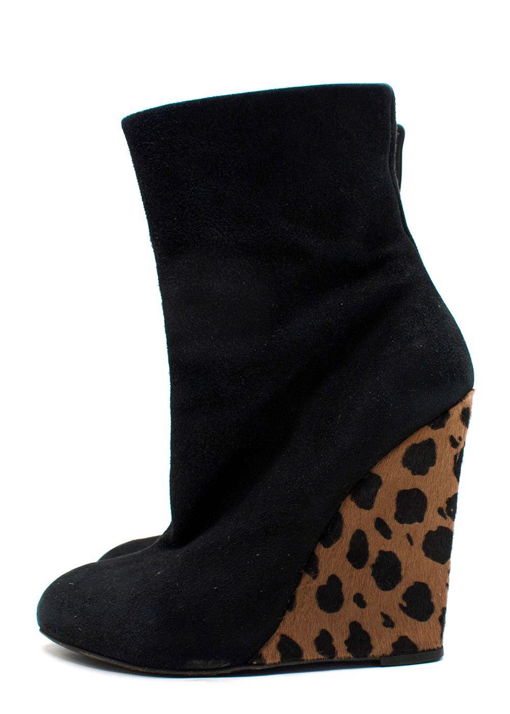Giuseppe Zanotti Black Suede Wedge Ankle Boots Leopard Print Heel